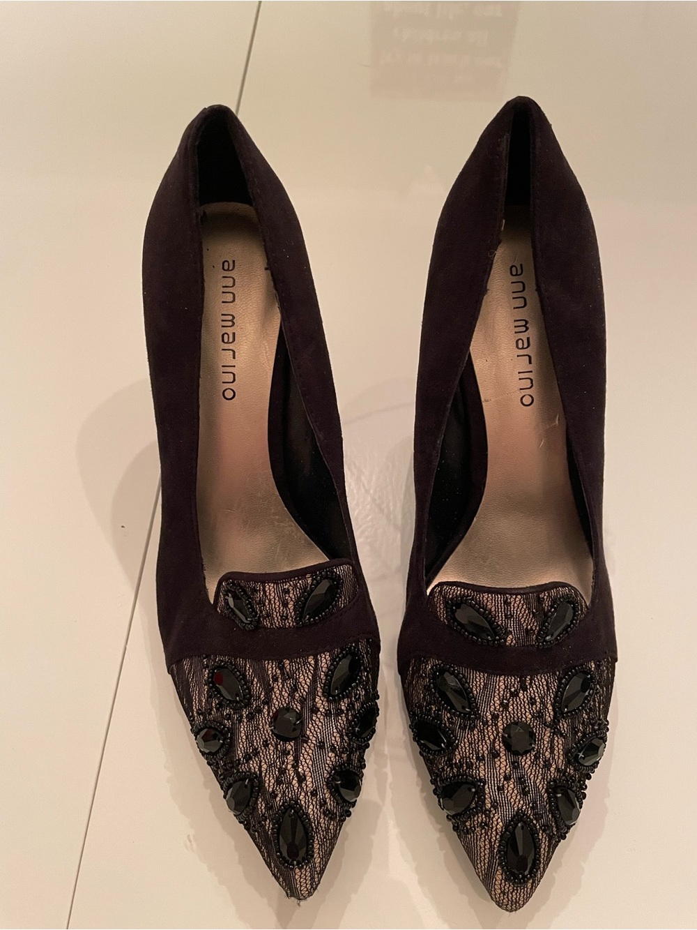 Ann Marino Black Pointed-Toe Jeweled Lace Pumps